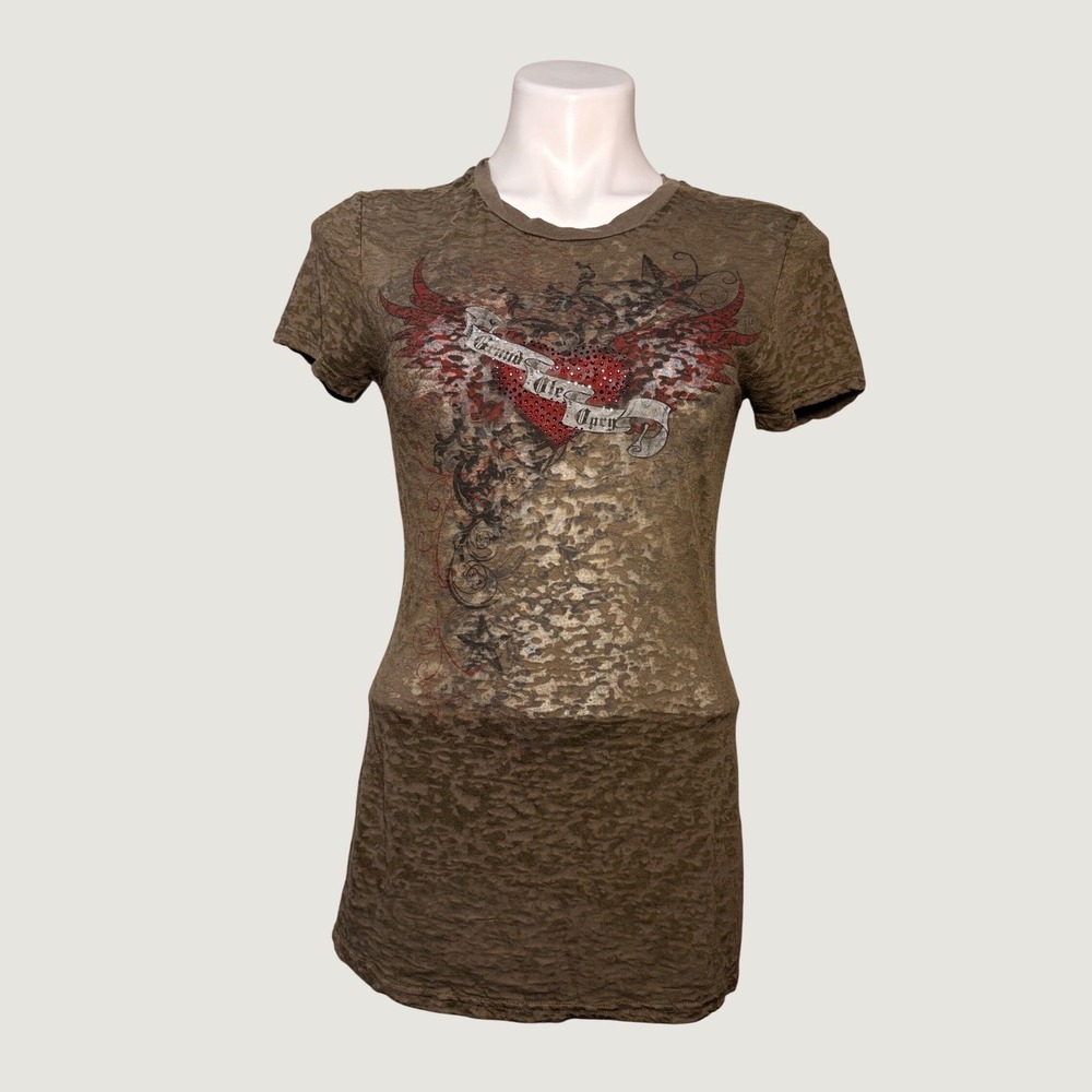 Y2K Grand Ole Opry Graphic Burnout T-Shirt Olive Rhinestone Grunge #15